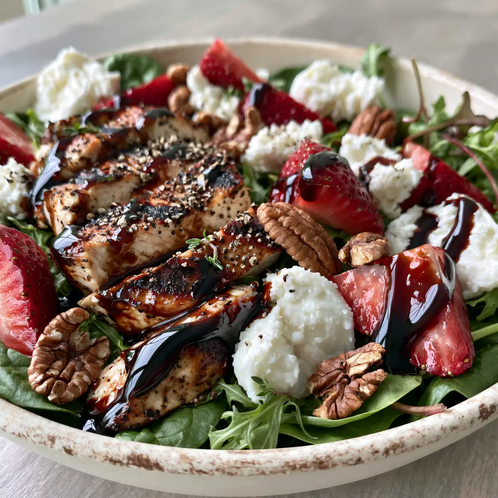 Strawberry Balsamic Chicken Salad with Goat Cheese and Toasted Pecans 1 Thick syrupy mahogany balsamic glaze drizzled over strawberries and goat cheese in a strawberry balsamic chicken salad.