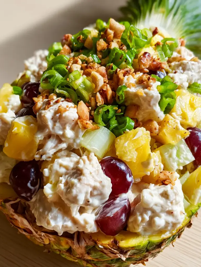 Hawaiian chicken salad inside a pineapple shell on a light wood tabletop with green onion garnish.