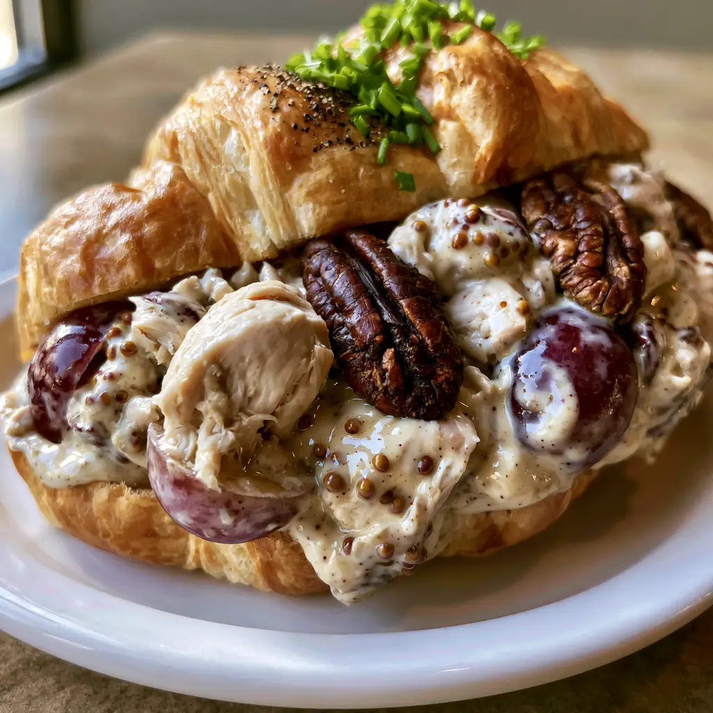 Honey Pecan Chicken Salad: The Ultimate Creamy Croissant Sandwich 1 Close-up of toasted pecans and halved purple grapes mixed into a creamy Honey Pecan Chicken Salad.