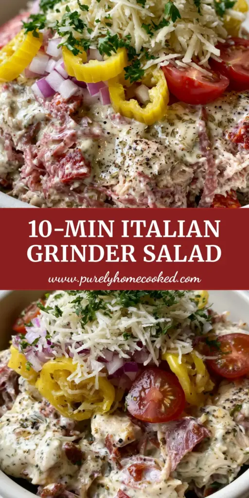 Italian Grinder Chicken Salad: The Ultimate Deli-Inspired Protein Bowl 4 A vibrant Italian Grinder Chicken Salad in a white bowl featuring salami ribbons, cherry tomatoes, and shredded provolone cheese. (Italian Grinder Chicken Salad)