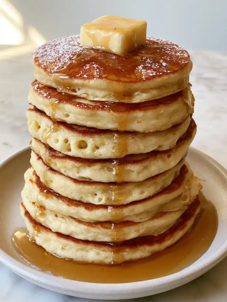 Seven thick pancakes on a white plate with viscous maple syrup pooling at the base and a dusting of powdered sugar.