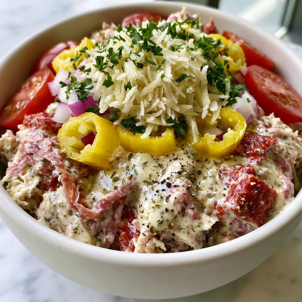 Italian Grinder Chicken Salad: The Ultimate Deli-Inspired Protein Bowl 2 Close-up of shredded rotisserie chicken mixed with thin Genoa salami ribbons in a creamy dressing. (Italian Grinder Chicken Salad)