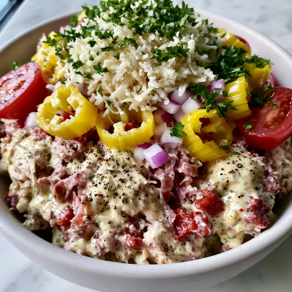 Italian Grinder Chicken Salad: The Ultimate Deli-Inspired Protein Bowl 1 A top-down view of the Italian Grinder Chicken Salad topped with yellow pepperoncinis, red onion, and fresh parsley.