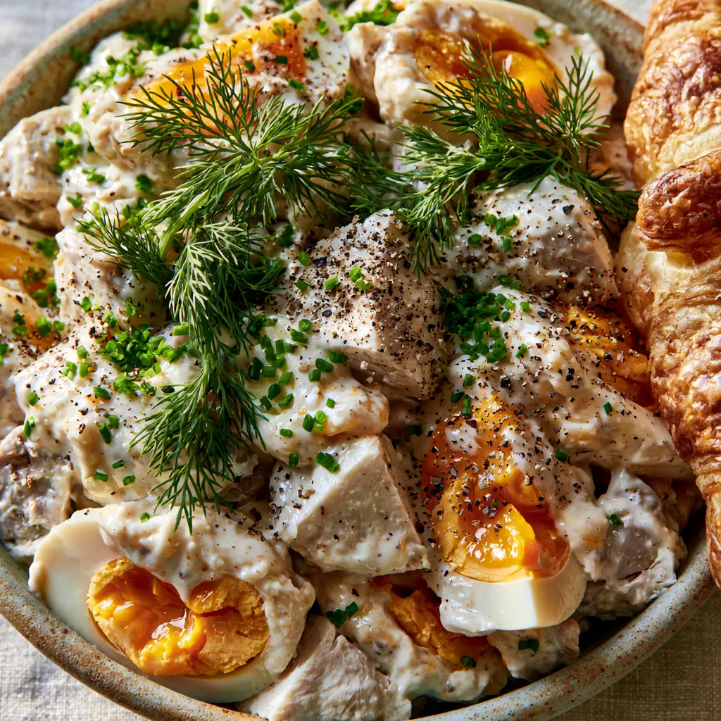 Chicken and Egg Salad with Jammy Yolks and Creamy Greek Yogurt Dressing 2 Close up of tender poached chicken cubes and sliced eggs with orange yolks in a creamy dressing. (chicken and egg salad)