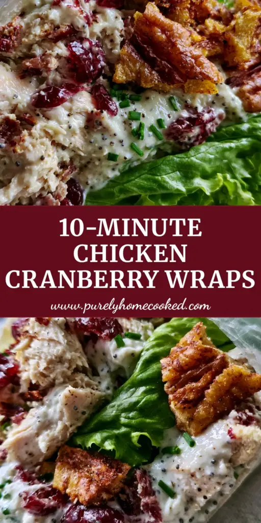A close-up vertical shot of Chicken Cranberry Pecan Salad Wraps stacked on a light linen surface, showcasing the vibrant red cranberries and green chives. (Chicken Cranberry Pecan Salad Wraps)