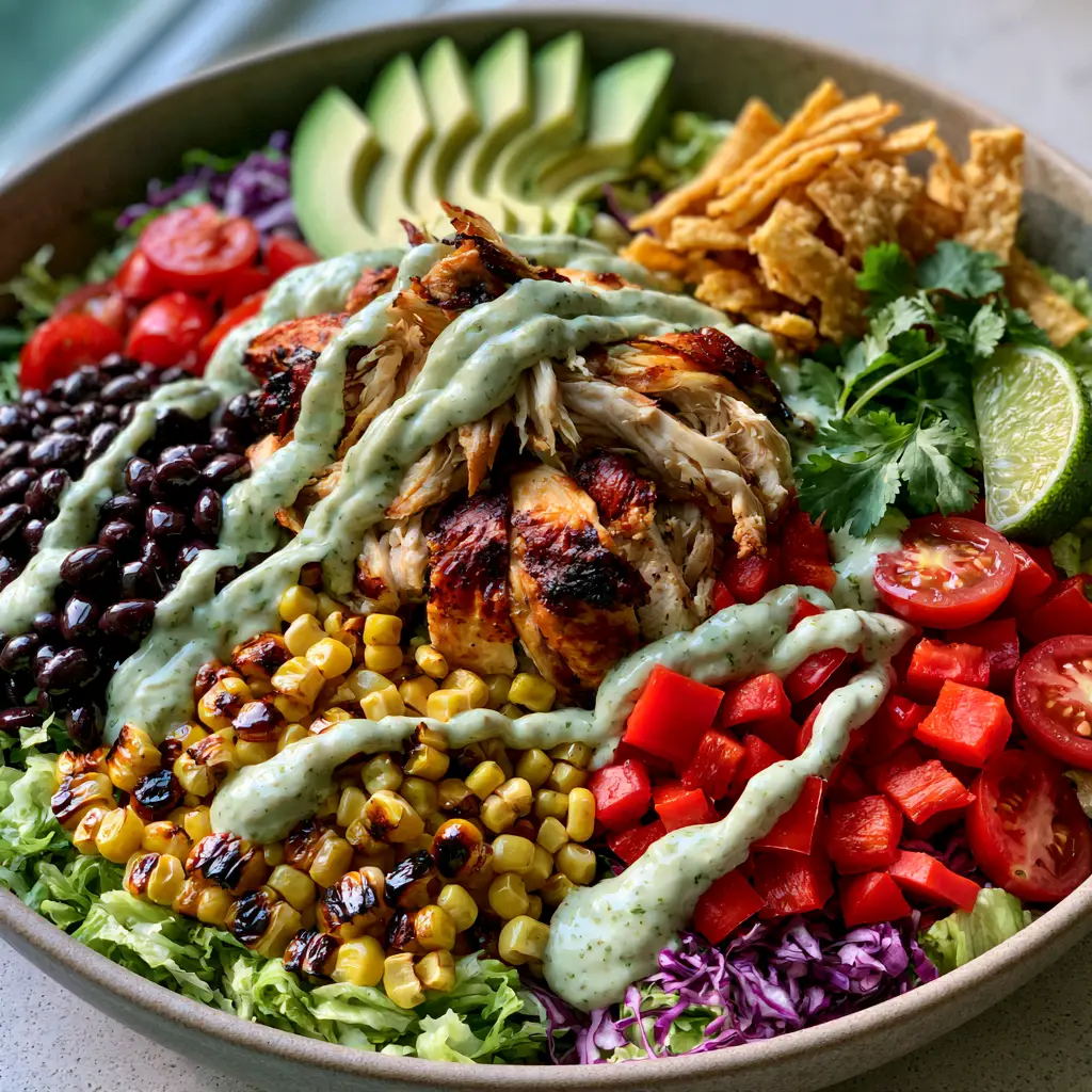 Tex-Mex Chicken Chopped Salad with Creamy Cilantro Lime Dressing 2 Close up of shredded rotisserie chicken with golden-brown edges on a bed of greens. (Tex-Mex Chicken Chopped Salad)