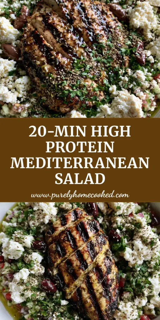 Mediterranean Grilled Chicken Salad Recipe with Zesty Lemon-Herb Glaze 4 A wide white ceramic bowl holding a Mediterranean Grilled Chicken Salad Recipe with char-marked chicken slices and feta.