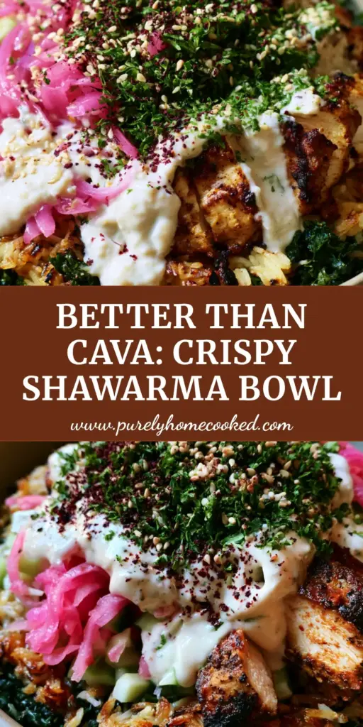 A vibrant Mediterranean grain bowl featuring Chicken shawarma crispy rice salad, shredded kale, and thick tahini drizzle in a clay bowl.