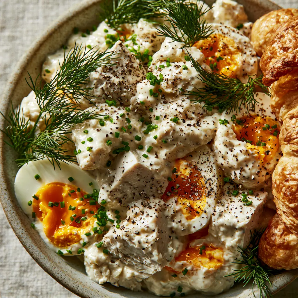 Chicken and Egg Salad with Jammy Yolks and Creamy Greek Yogurt Dressing 1 A rustic matte bowl of chicken and egg salad garnished with fresh dill and black pepper next to a croissant.