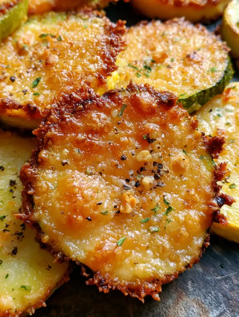 Oven Roasted Zucchini and Squash with Crispy Parmesan Crust 1 Close-up of caramelized yellow squash coins with charred brown spots and fine dried parsley flakes. (Oven Roasted Zucchini and Squash)