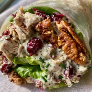 Extreme macro of a Chicken Cranberry Pecan Salad Wrap cross-section showing poppyseed dressing, chunky chicken, and golden pecans. (Chicken Cranberry Pecan Salad Wraps)