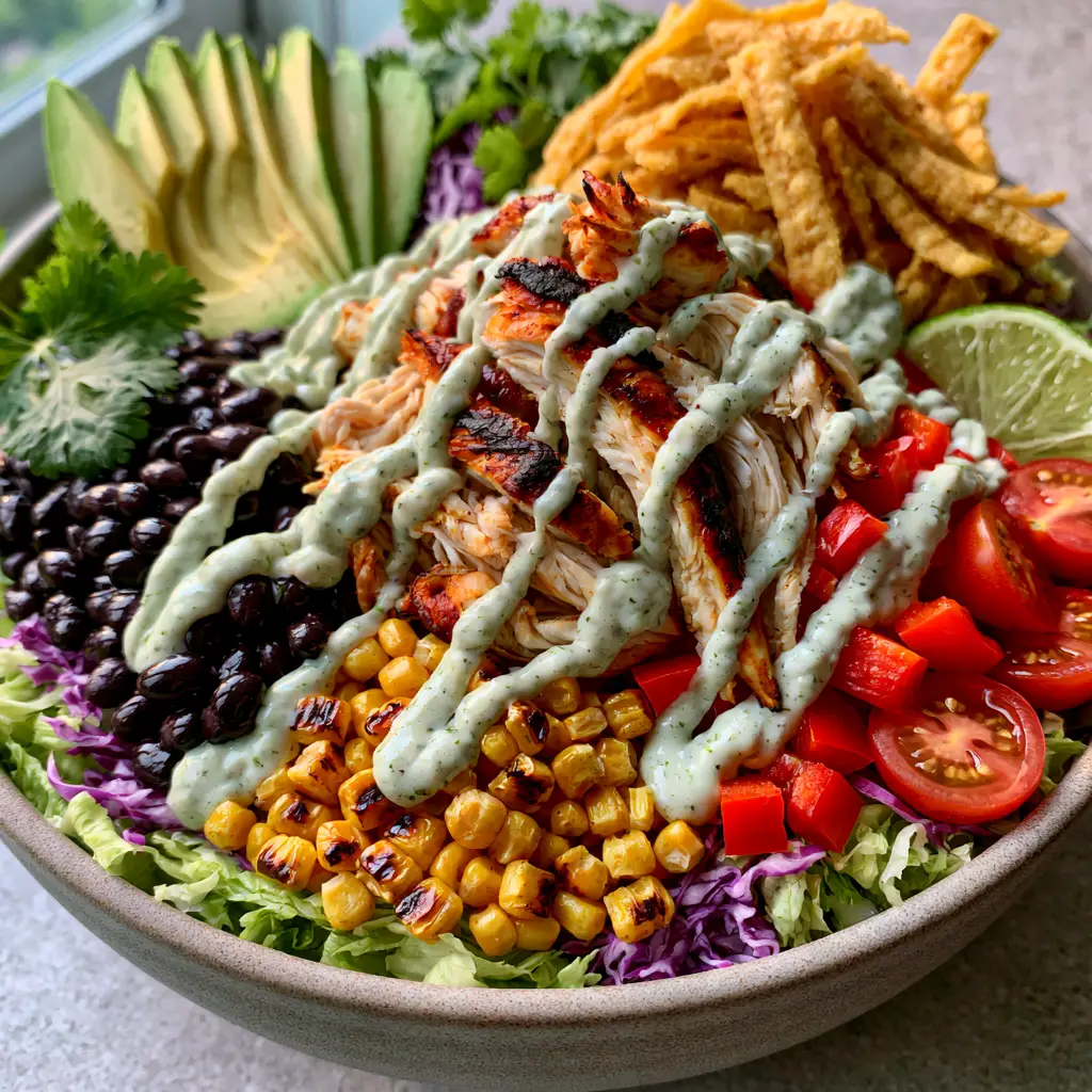 Tex-Mex Chicken Chopped Salad with Creamy Cilantro Lime Dressing 1 A wide matte bowl containing charred corn, black beans, and creamy cilantro lime dressing ribbons.
