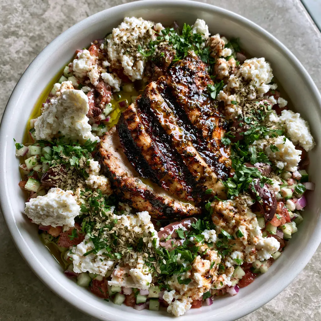 Mediterranean Grilled Chicken Salad Recipe with Zesty Lemon-Herb Glaze 2 Overhead view of a Mediterranean Grilled Chicken Salad Recipe featuring dark grill marks and fresh parsley. (Mediterranean Grilled Chicken Salad Recipe)