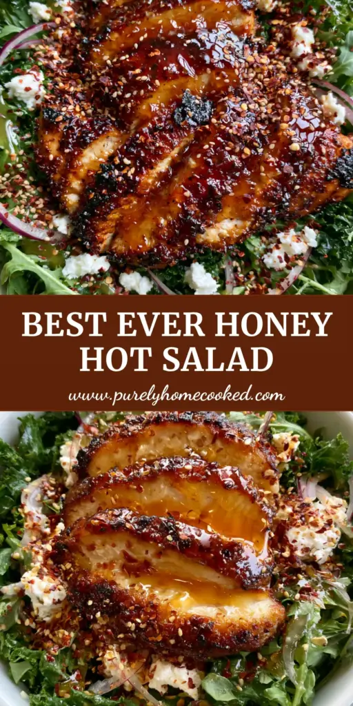 Honey Hot Chicken Salad with Glistening Amber Glaze and Goat Cheese 4 A top-down view of a vibrant honey hot chicken salad featuring glistening glazed chicken, goat cheese, and sesame seeds on a stone background.