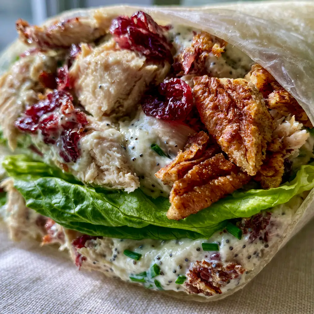 Detailed view of the internal layers of Chicken Cranberry Pecan Salad Wraps with the butter lettuce barrier and ruby-red cranberries. (Chicken Cranberry Pecan Salad Wraps)