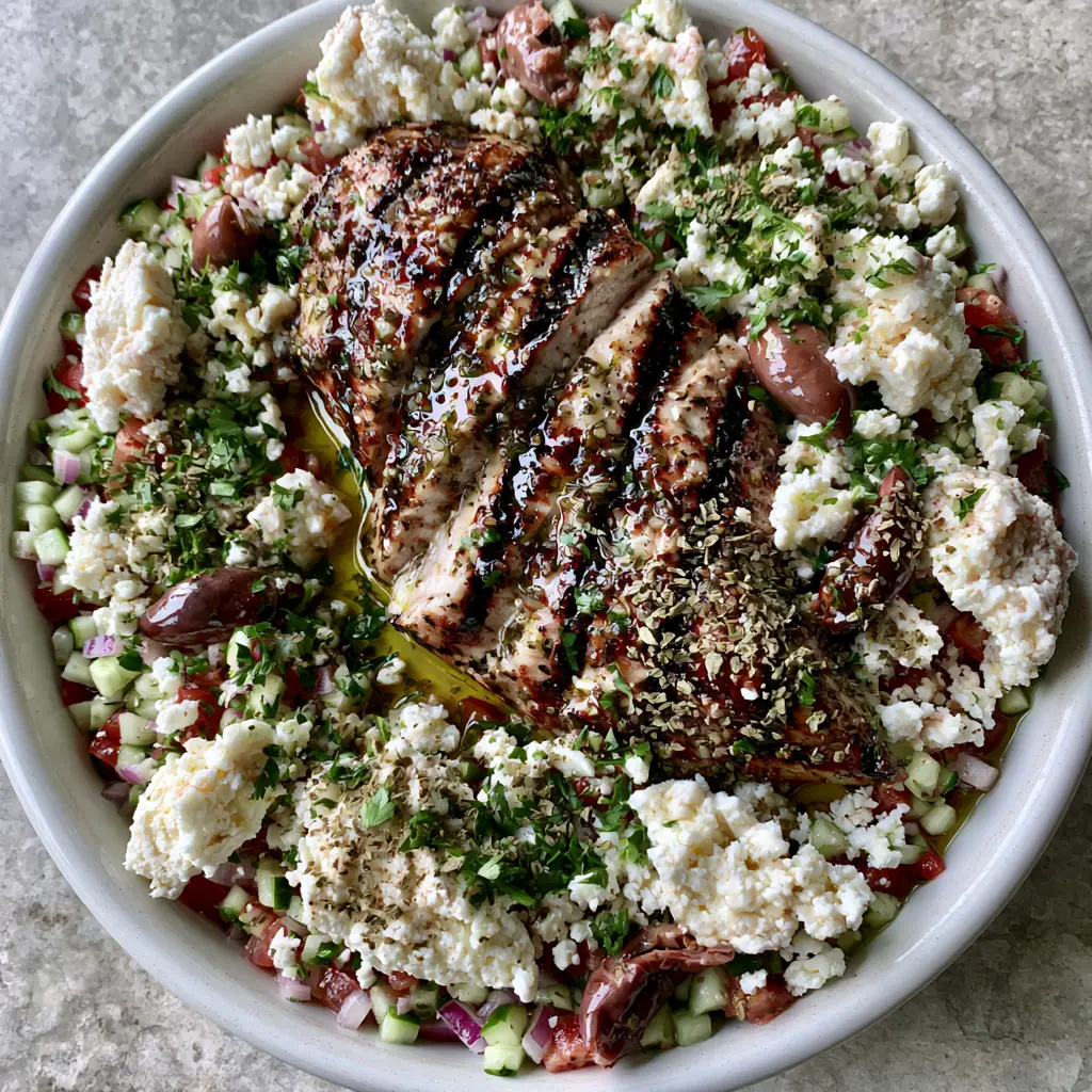 Mediterranean Grilled Chicken Salad Recipe with Zesty Lemon-Herb Glaze 1 Close up of charred chicken slices and oily kalamata olives in a Mediterranean Grilled Chicken Salad Recipe.