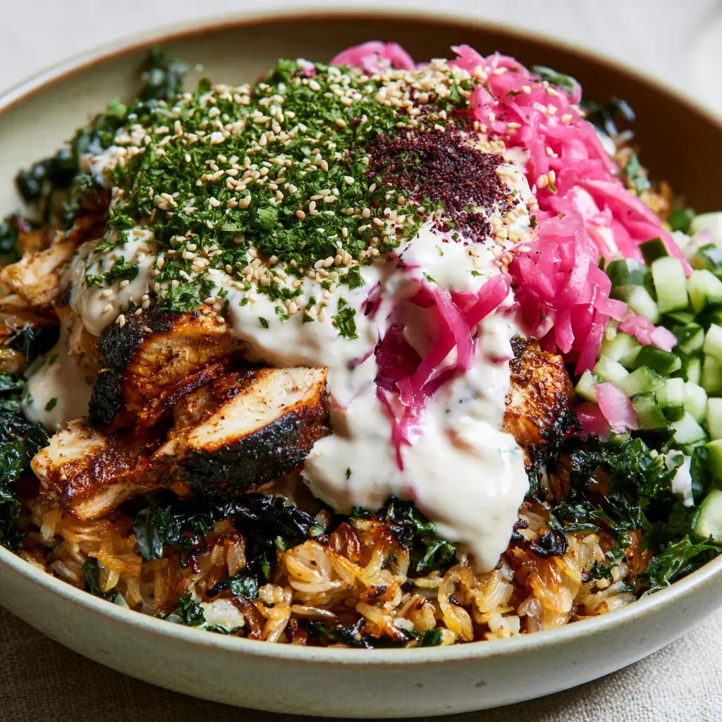 Overhead view showing thick tahini drizzle clinging to spice-rubbed chicken and chopped parsley. (Chicken shawarma crispy rice salad)