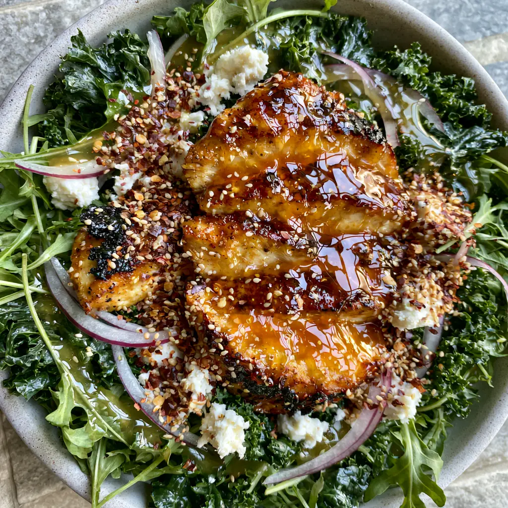 Honey Hot Chicken Salad with Glistening Amber Glaze and Goat Cheese 1 Close up of pan-seared chicken with charred edges and a honey-chili glaze on a bed of arugula and goat cheese.