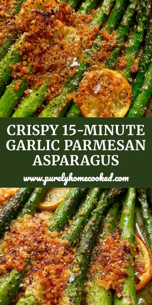 Sheet Pan Asparagus with Garlic Parmesan Crust and Charred Lemons 3 A top-down shot of sheet pan asparagus featuring charred tips, golden toasted parmesan crust, and roasted lemon slices on a dark pan. (sheet pan asparagus)