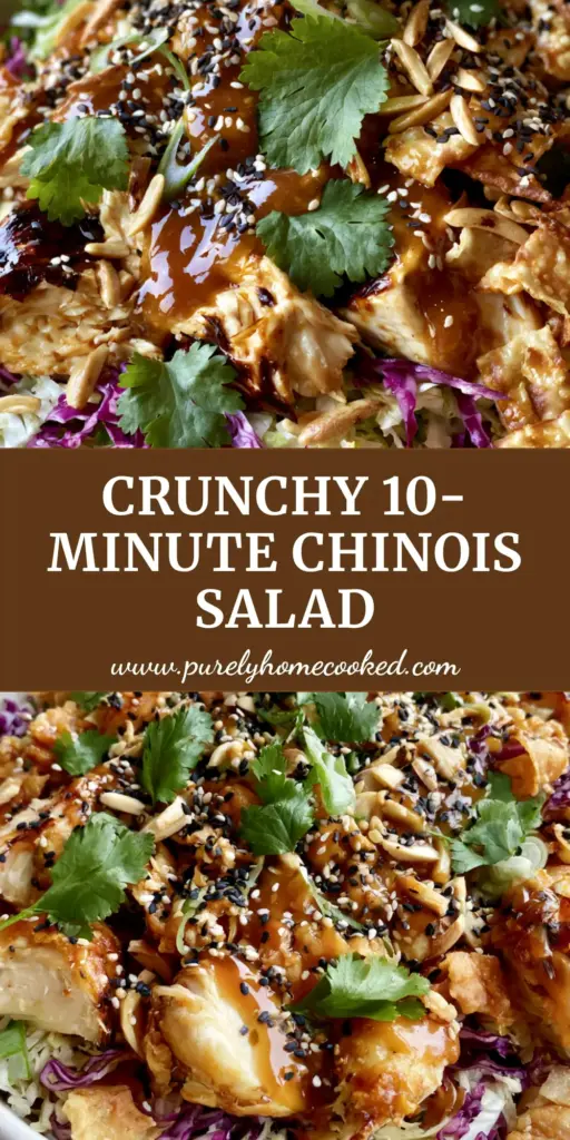 A gourmet Chinois Chicken Salad in a white bowl with shredded cabbage, wonton strips, and ginger-sesame dressing.