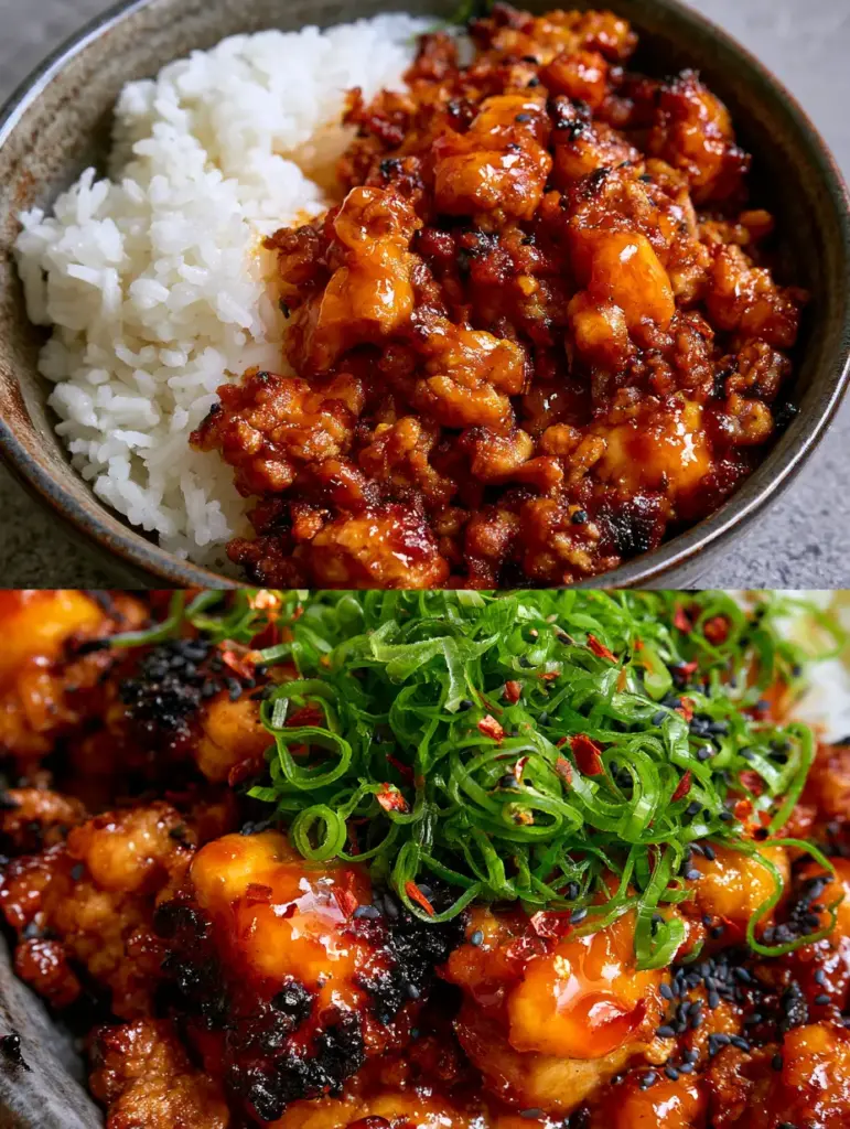 Firecracker Ground Chicken with Sticky Glaze and Jasmine Rice 2 A vertical split-screen showing a rustic bowl of Firecracker Ground Chicken on jasmine rice and a macro close-up of the charred chicken crumbles with sticky sauce.