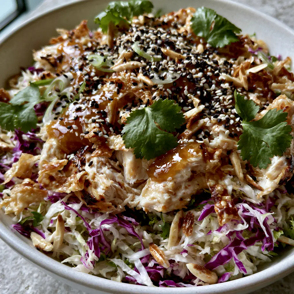 Close up of glossy amber ginger sesame dressing drizzled over a Chinois Chicken Salad.