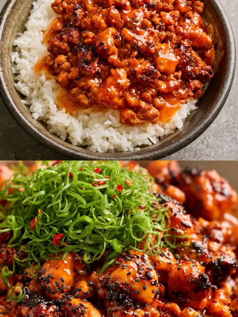 Firecracker Ground Chicken with Sticky Glaze and Jasmine Rice 1 Close-up macro shot of Firecracker Ground Chicken showing sticky honey-like sauce consistency and crispy charred edges.