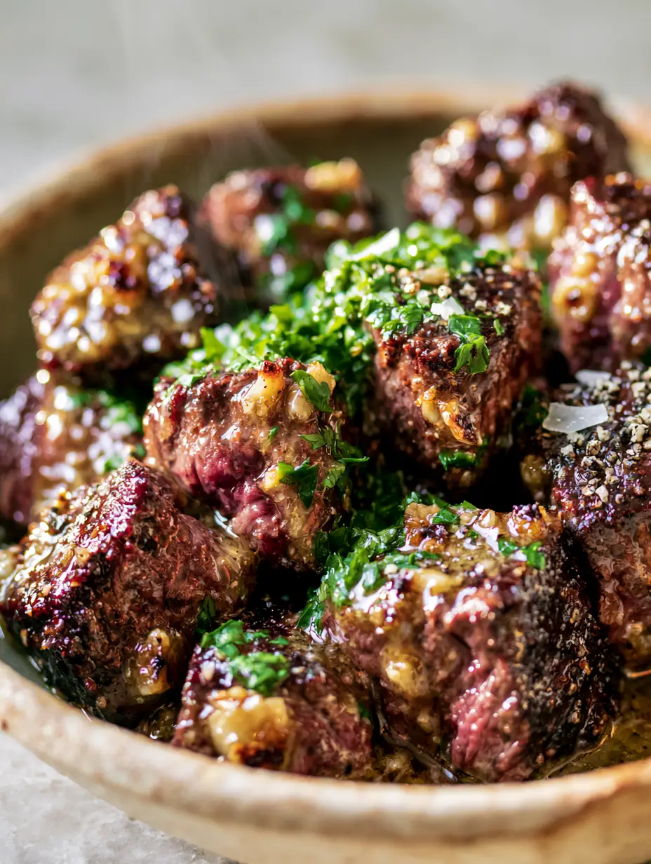 Steak Dinner Ideas: Glistening Garlic Butter Steak Bites with Parsley 3 Smartphone photo of glistening garlic butter steak bites with visible toasted garlic and parsley. (steak dinner ideas)