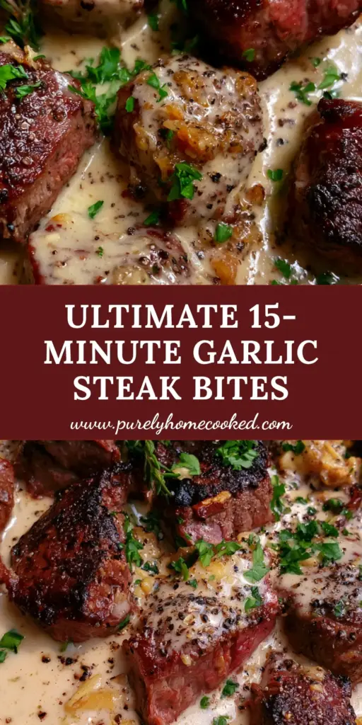 Steak with Garlic Cream Sauce: The Ultimate Cast Iron Ribeye Bites 4 A rustic cast iron skillet filled with seared ribeye steak bites drenched in a velvety Steak with Garlic Cream Sauce and garnished with fresh parsley.