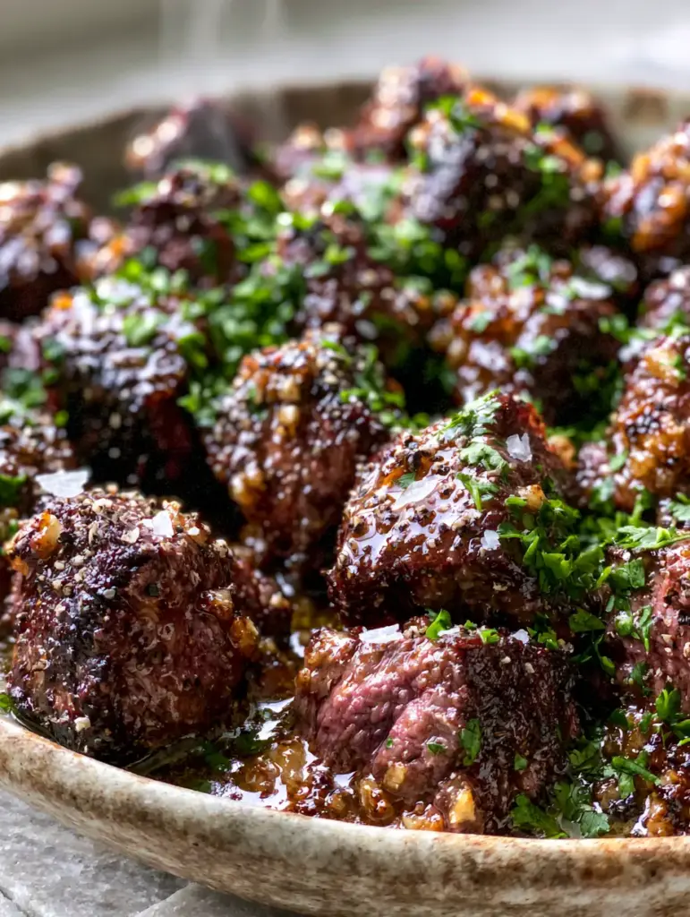 Steak Dinner Ideas: Glistening Garlic Butter Steak Bites with Parsley 1 Juicy steak cubes coated in glossy golden garlic butter sauce in a rustic bowl. (steak dinner ideas)