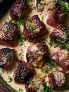Extreme macro close up of tender ribeye bites with a dark sear and glistening Steak with Garlic Cream Sauce.