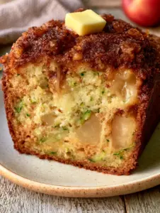Extreme close-up macro shot of Apple cinnamon zucchini bread showing the glistening coarse cinnamon sugar and translucent apple chunks.