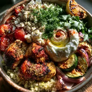 Top-down view of a rustic ceramic bowl filled with Greek foods including charred chicken, zucchini, and thick tzatziki.