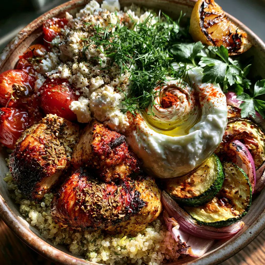 Greek Foods: The Ultimate Mediterranean Meal Prep Bowl with Oregano Charred Chicken 2 Top-down view of a rustic ceramic bowl filled with Greek foods including charred chicken, zucchini, and thick tzatziki.