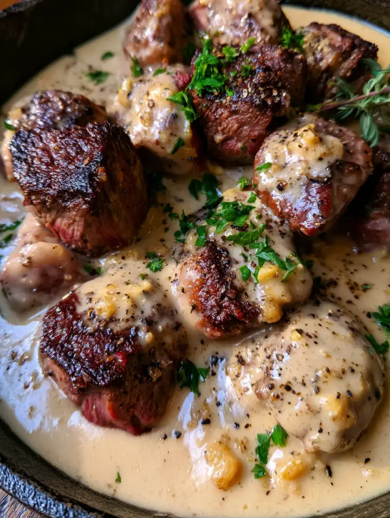 Steak with Garlic Cream Sauce: The Ultimate Cast Iron Ribeye Bites 1 Detailed view of the velvety ivory sauce pooling around steak bites with bits of golden garlic and cracked pepper.