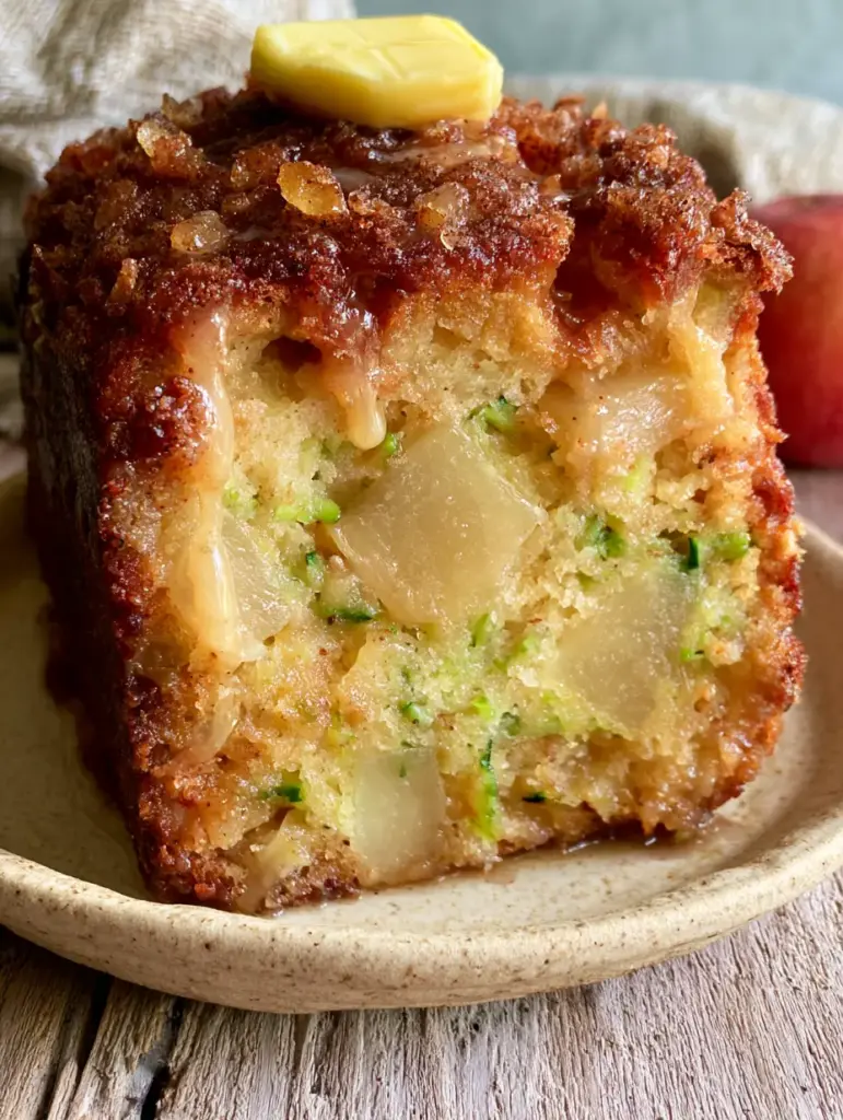 Apple cinnamon zucchini bread with a Crunchy Cinnamon Sugar Crust 1 A vertical slice of Apple cinnamon zucchini bread on a weathered light-oak wooden surface with a soft linen napkin.