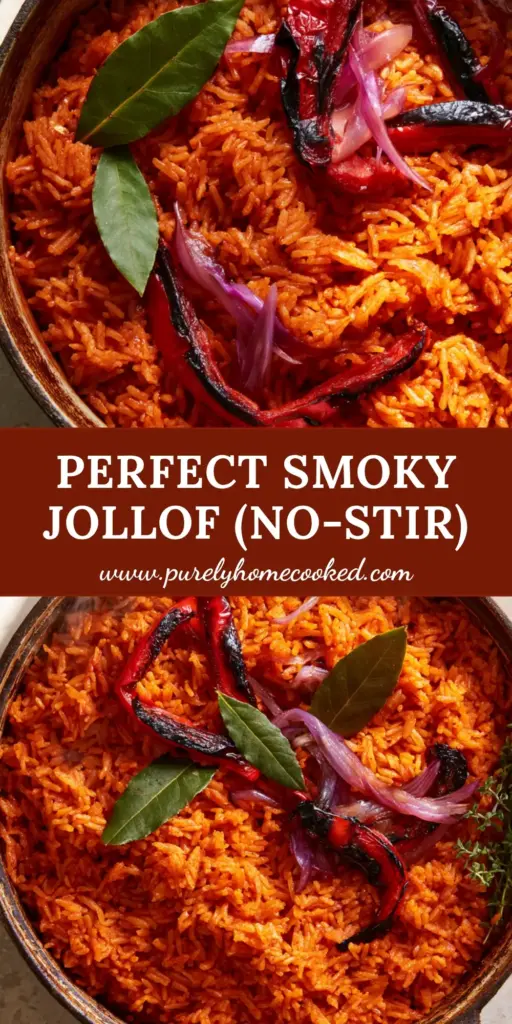 Jollof Rice Recipe: The Ultimate Guide to Perfectly Fluffy and Smokey Grains 4 A vibrant Dutch oven filled with orange-red Jollof rice topped with blistered bell peppers and fresh thyme sprigs. (Jollof Rice recipe)