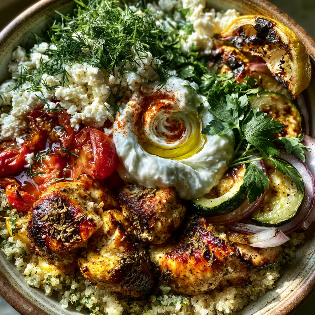 Greek Foods: The Ultimate Mediterranean Meal Prep Bowl with Oregano Charred Chicken 1 Vibrant Greek foods meal prep bowl with fluffy quinoa, charred lemon, and fresh green herbs.
