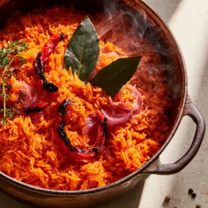 High-angle shot of vibrant orange Jollof rice in a cast iron Dutch oven with rising steam. (Jollof Rice recipe)