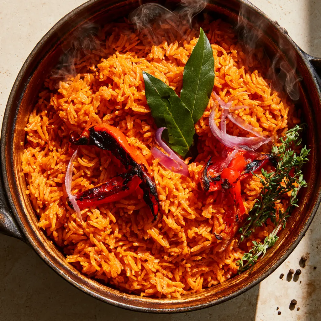 Jollof Rice Recipe: The Ultimate Guide to Perfectly Fluffy and Smokey Grains 1 Close-up of charred bell pepper strips and bay leaves on top of fluffy Jollof rice grains.