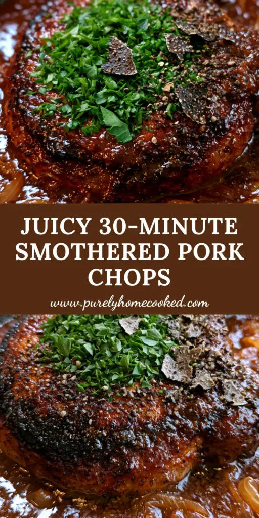 A thick bone-in pork chop with a dark brown sear in mahogany onion gravy inside a cast iron skillet. (smothered pork chops recipe)