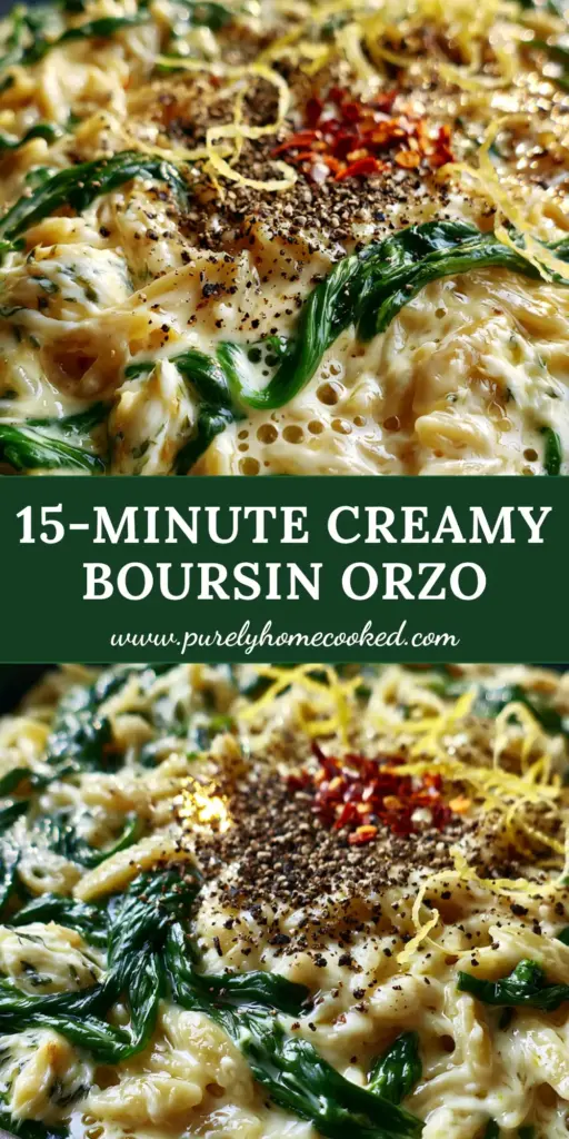 Boursin Orzo: The Creamiest One-Pan Garlic and Herb Pasta 3 A top-down view of creamy Boursin orzo in a matte black pan with melting cheese dollops, green spinach, and lemon zest. (Boursin orzo)