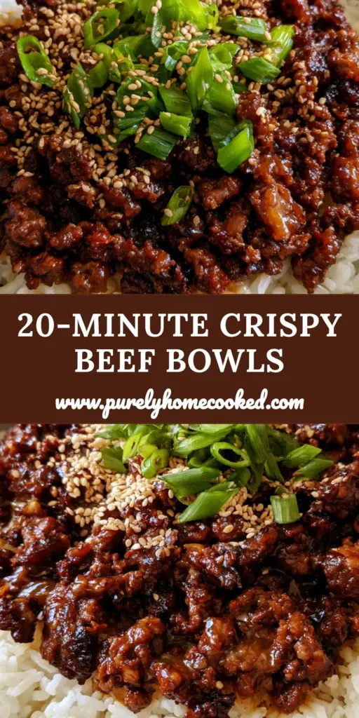 A close-up shot of a honey garlic beef rice bowl in a grey ceramic bowl with crispy beef crumbles, glossy sauce, sesame seeds, and green scallions.