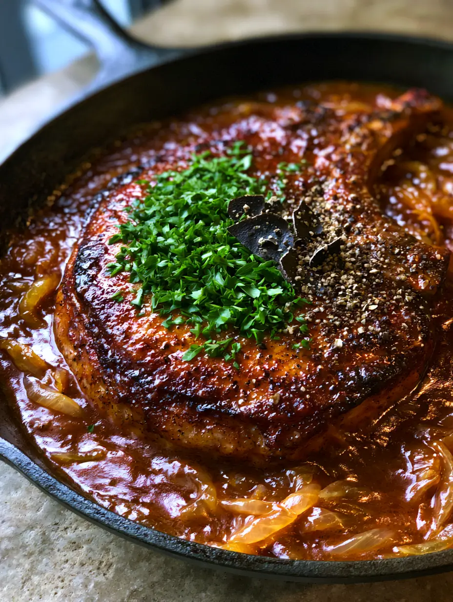 Close-up of a seared pork chop partially submerged in thick mahogany gravy with translucent onions. (smothered pork chops recipe)