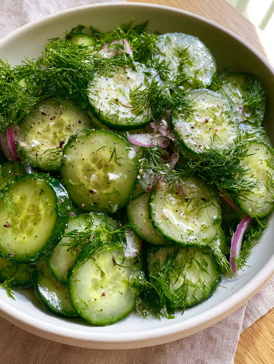 Dill Cucumber Salad with Creamy Vinegar Dressing and Red Onion 3 A close-up of translucent cucumber rounds tossed with feathery dill and violet red onions for a dill cucumber salad.