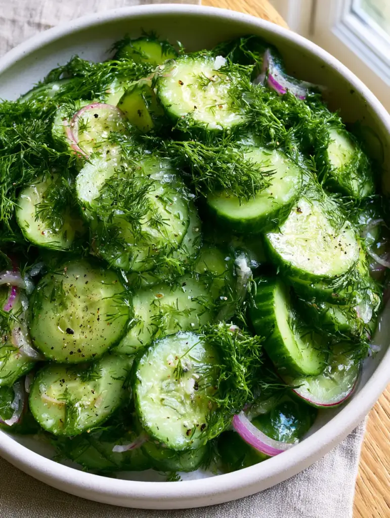 Dill Cucumber Salad with Creamy Vinegar Dressing and Red Onion 1 Vibrant dill cucumber salad with Maldon sea salt flakes and cracked black pepper in a stoneware bowl.