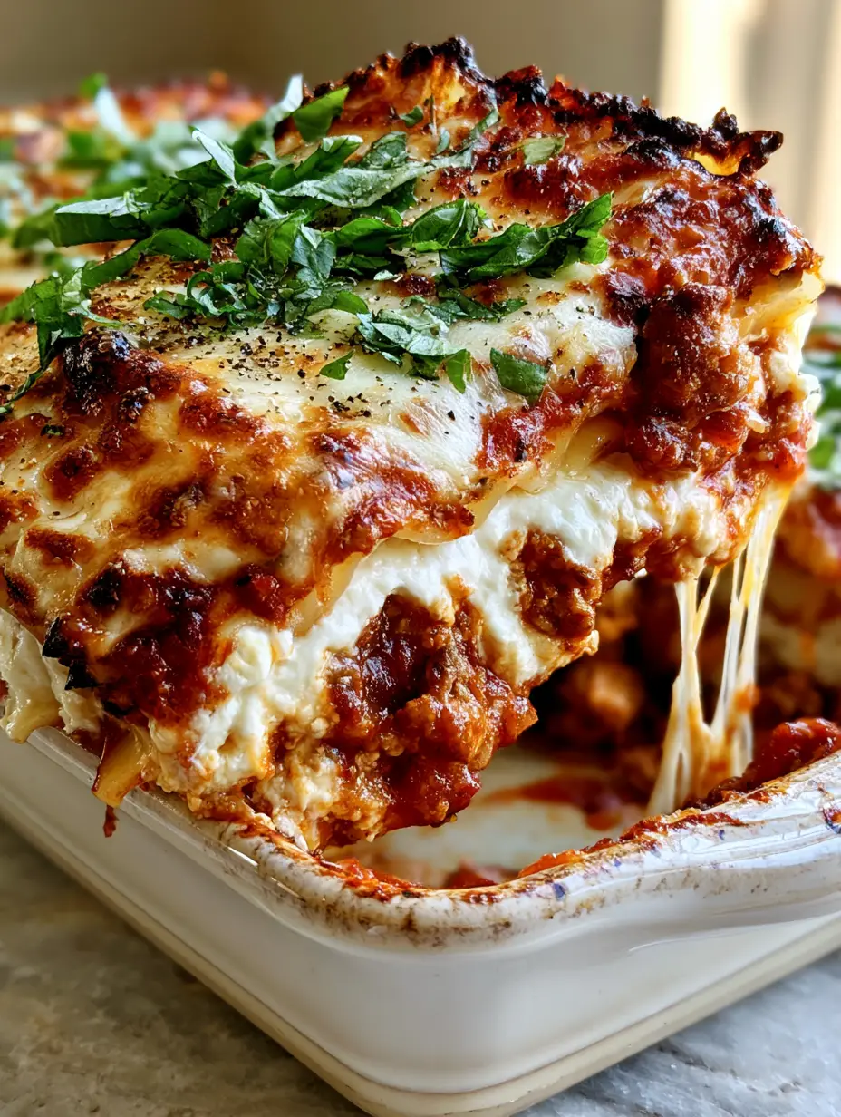 Macro photography showing distinct layers of turkey marinara, cottage cheese, and toasted mozzarella in Quick & Easy Lasagna.