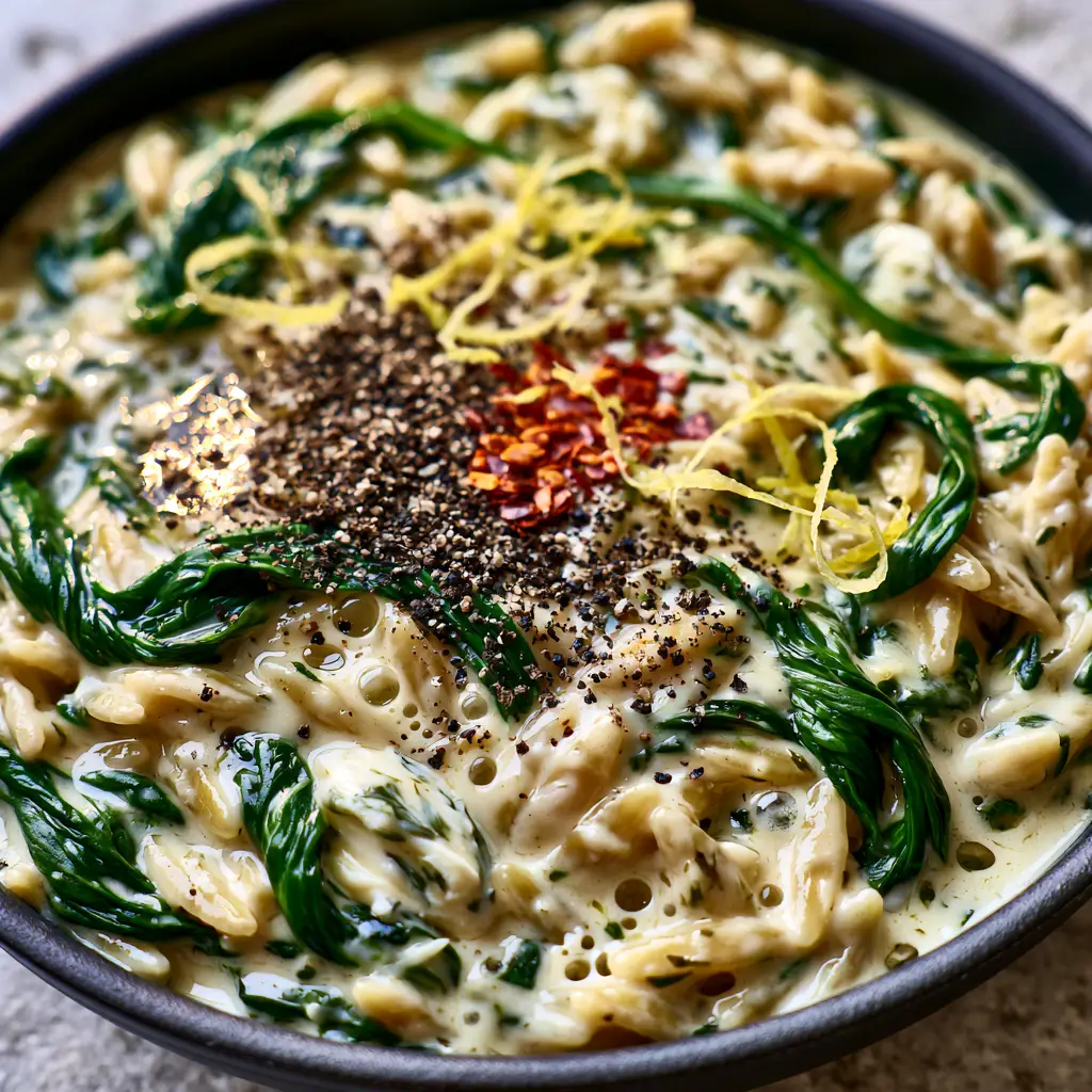 Boursin Orzo: The Creamiest One-Pan Garlic and Herb Pasta 1 Close-up of wilted emerald spinach and melting white Boursin cheese clumps in a black skillet. (Boursin orzo)
