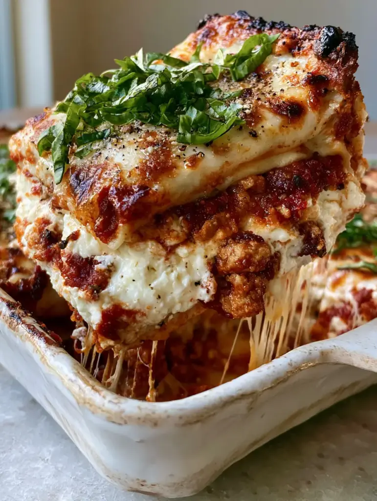 A close-up of the toasted golden-brown mozzarella crust on a Quick & Easy Lasagna with fresh basil garnish.