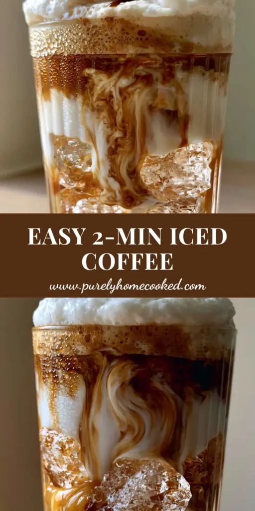 A tall ribbed glass filled with layered iced caramel coffee, showing golden sauce at the bottom and thick cold foam on top. (Nespresso coffee recipes)